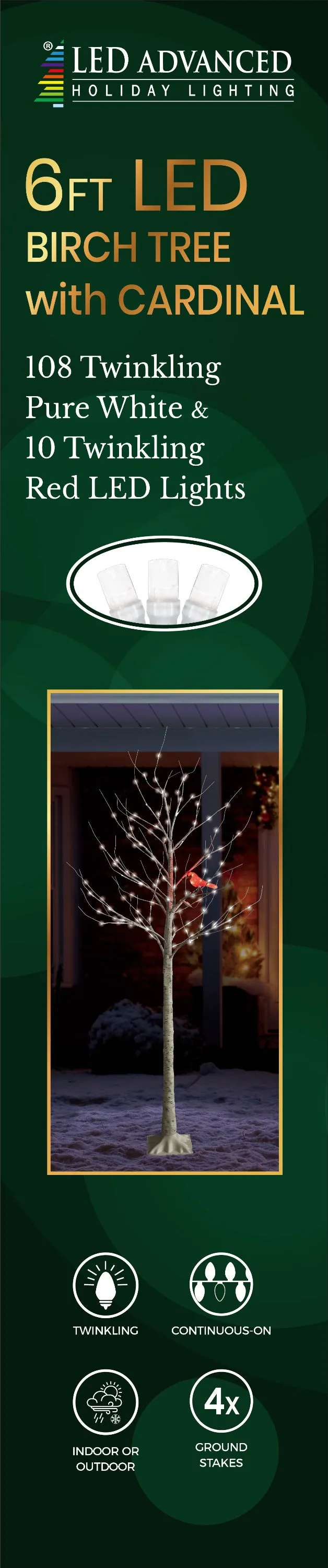 6' Twinkling LED Birch Tree with LED Cardinal