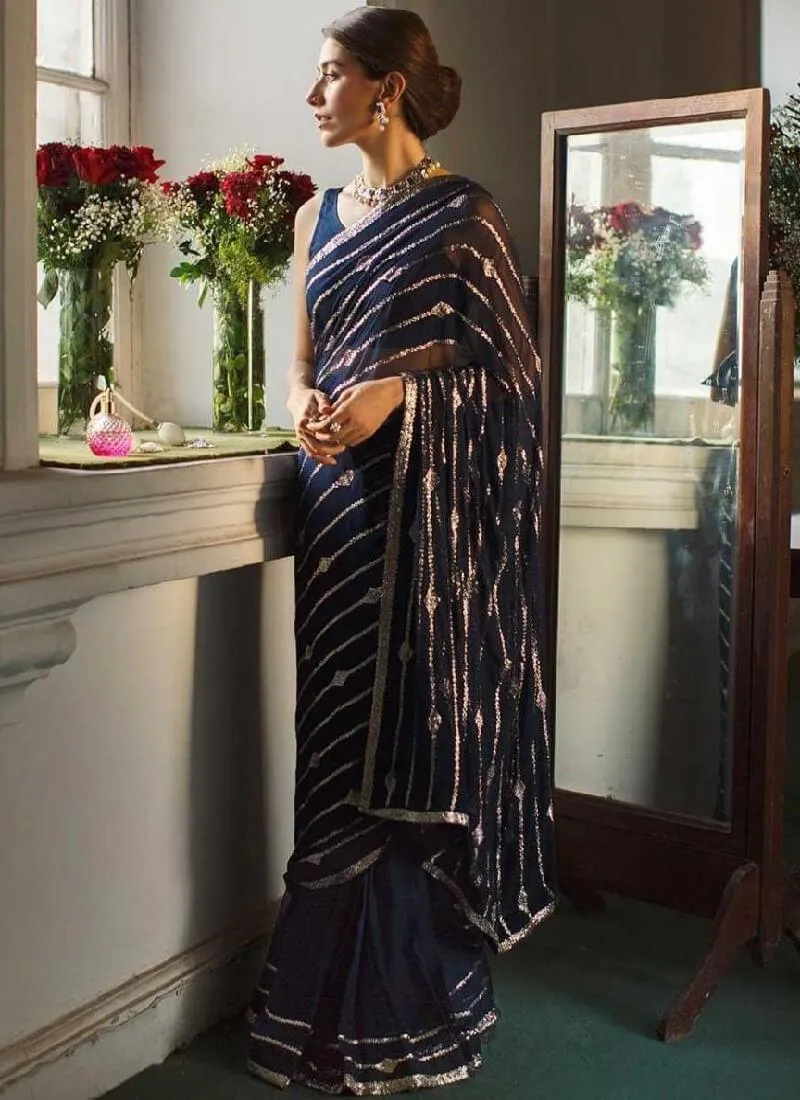 Attractive Blue Color With Sequence Work Saree