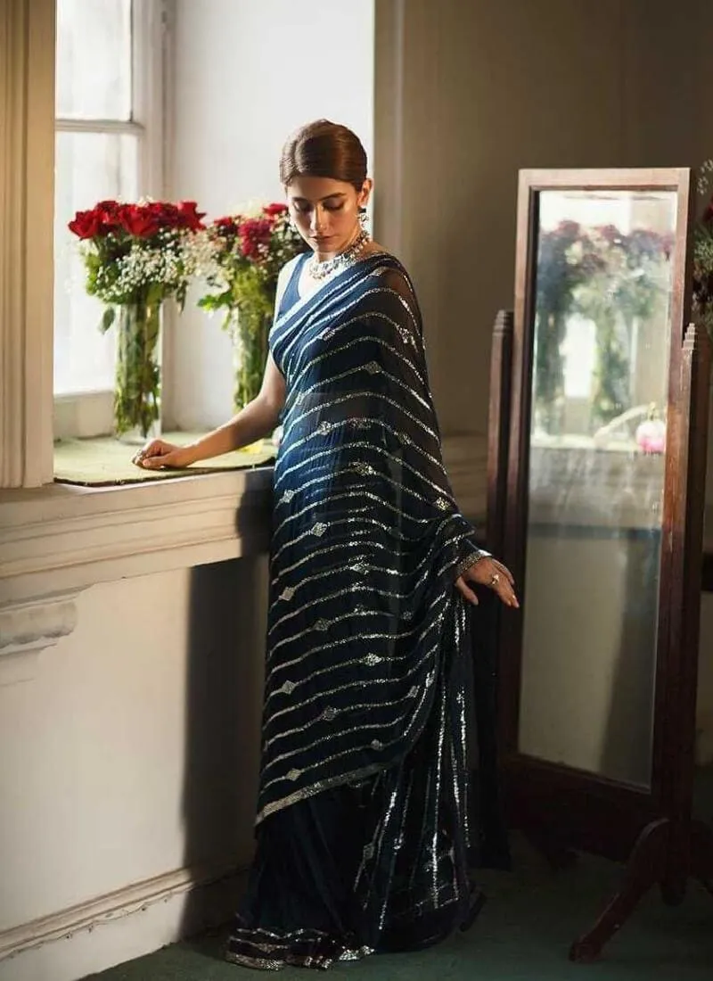 Attractive Blue Color With Sequence Work Saree
