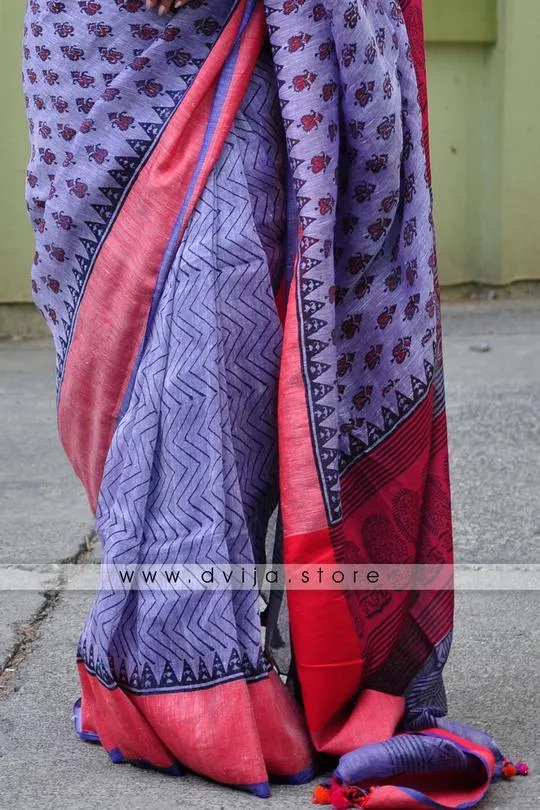 Beautiful  Purple And Pink Colored  Festive Wear Printed  Pure Linen Saree