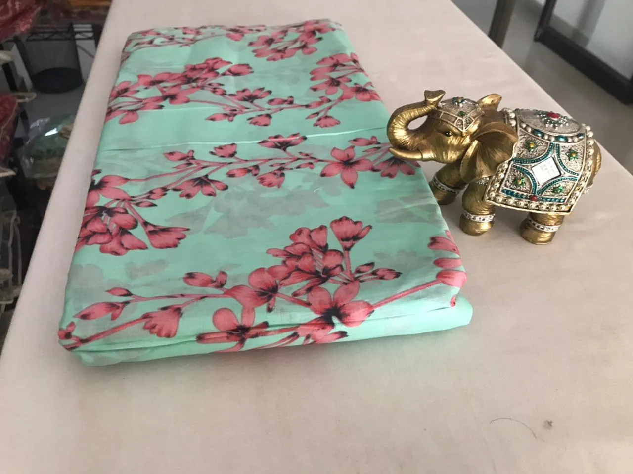 Blue Pink Flowers Hand Screen Printed Malmal Cotton Fabric