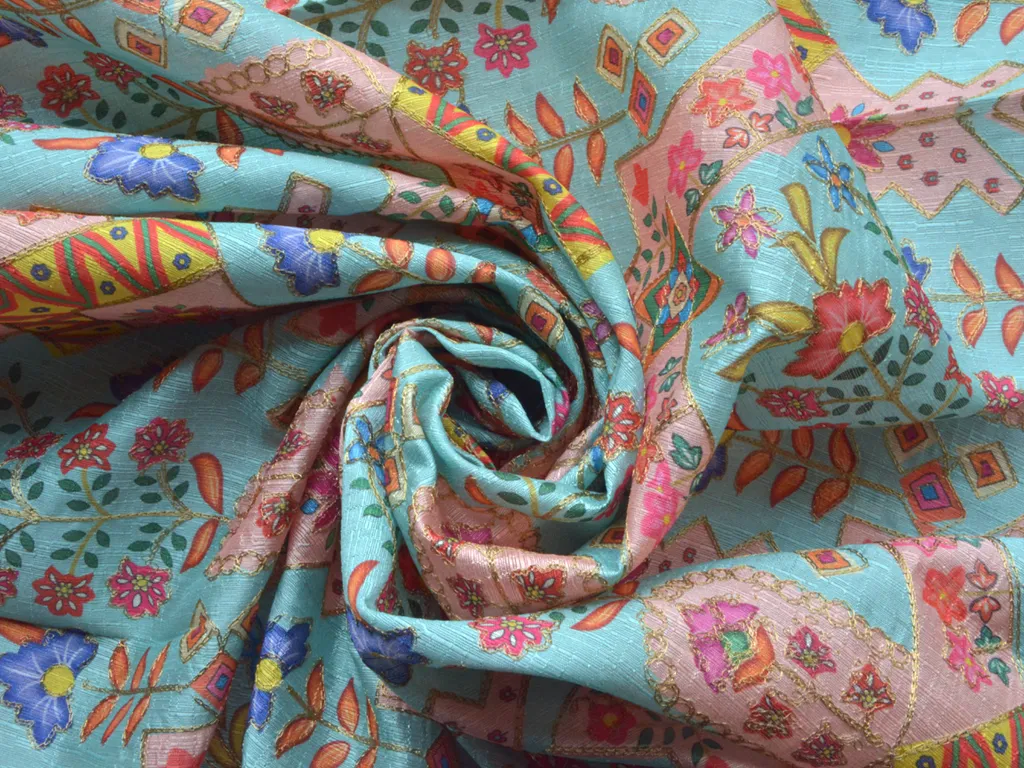 Blue Traditional Digital Print Heavy Zari Embroidered Mulberry Silk Fabric