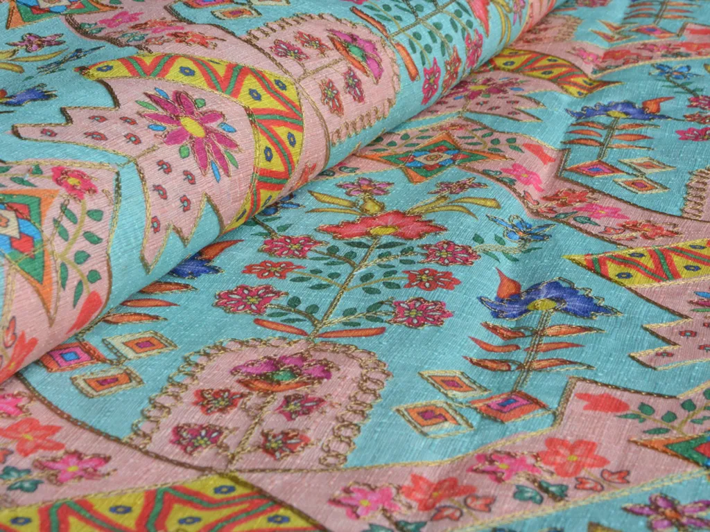 Blue Traditional Digital Print Heavy Zari Embroidered Mulberry Silk Fabric