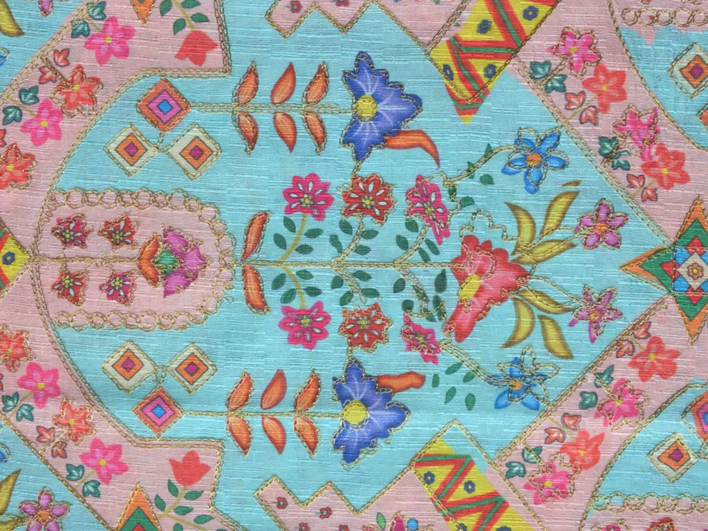 Blue Traditional Digital Print Heavy Zari Embroidered Mulberry Silk Fabric
