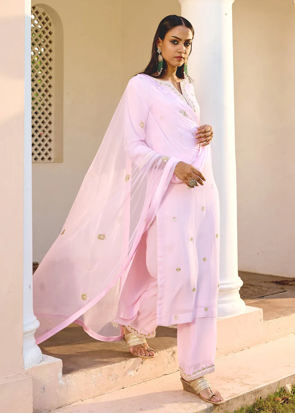 Blush Pink Georgette Kurta Set With Gota Patti