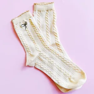 BOW EMBROIDERED CABLE KNIT SOCKS