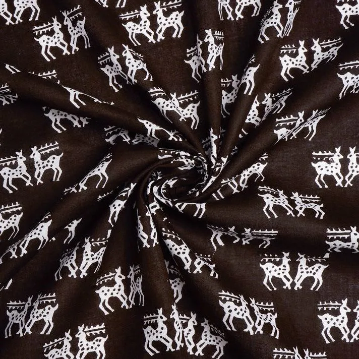 Brown & White Quirky Printed Pure Cotton Fabric