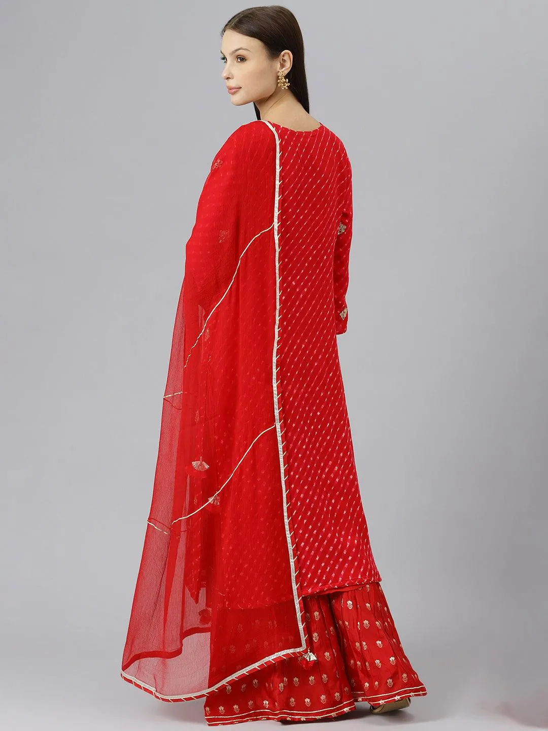 Divena Pure georgette Jaipuri Mothda Red Kurta Sharara Set with Dupatta