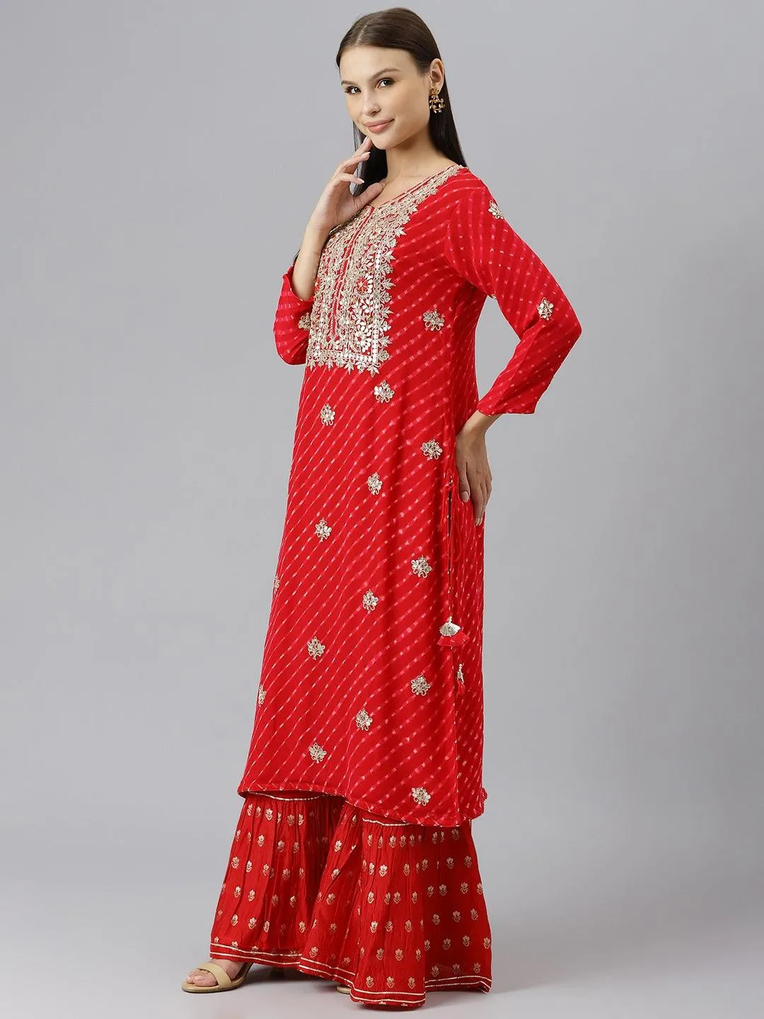 Divena Pure georgette Jaipuri Mothda Red Kurta Sharara Set with Dupatta