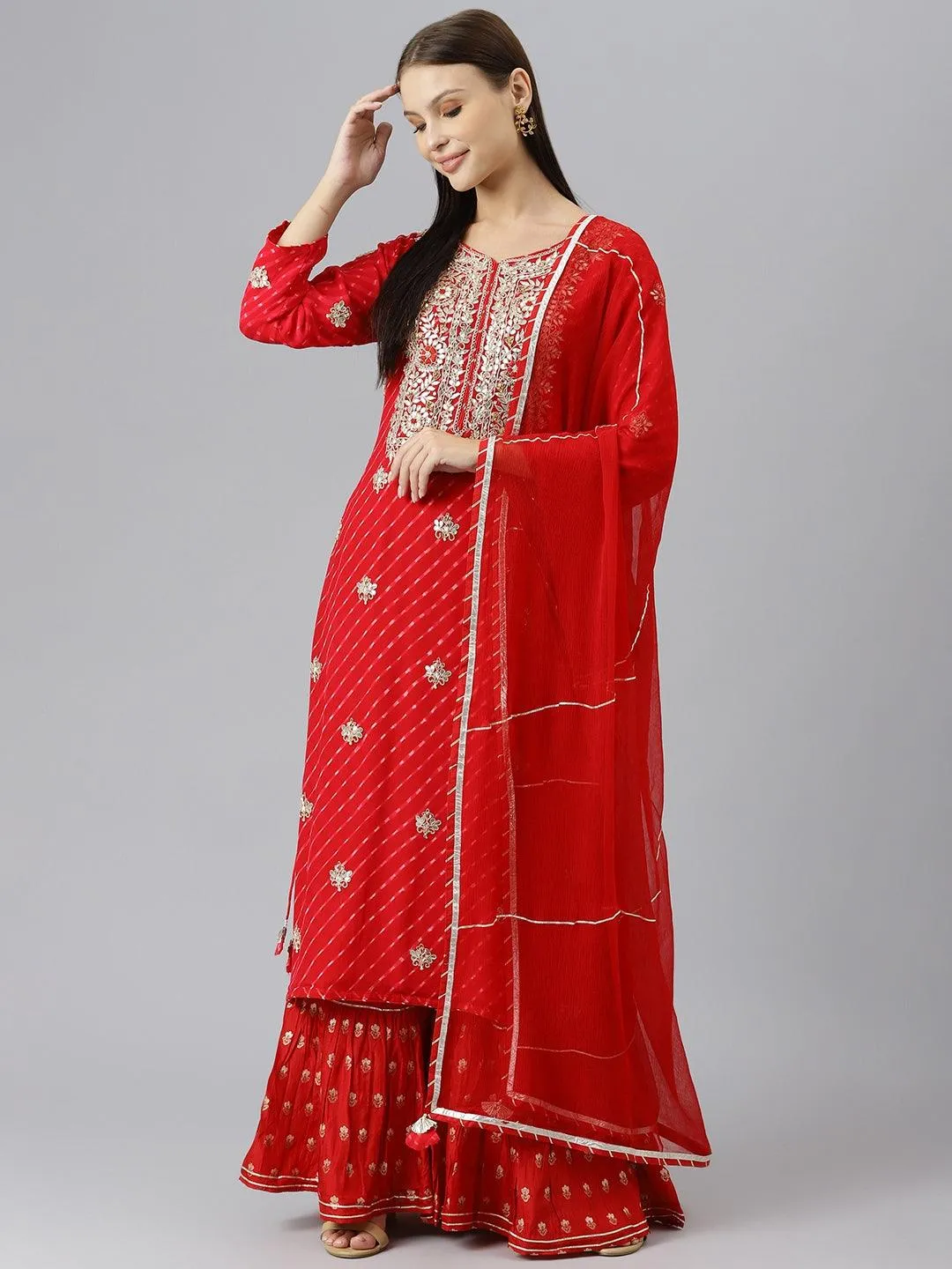 Divena Pure georgette Jaipuri Mothda Red Kurta Sharara Set with Dupatta