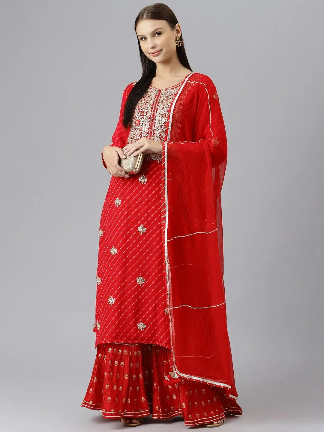 Divena Pure georgette Jaipuri Mothda Red Kurta Sharara Set with Dupatta