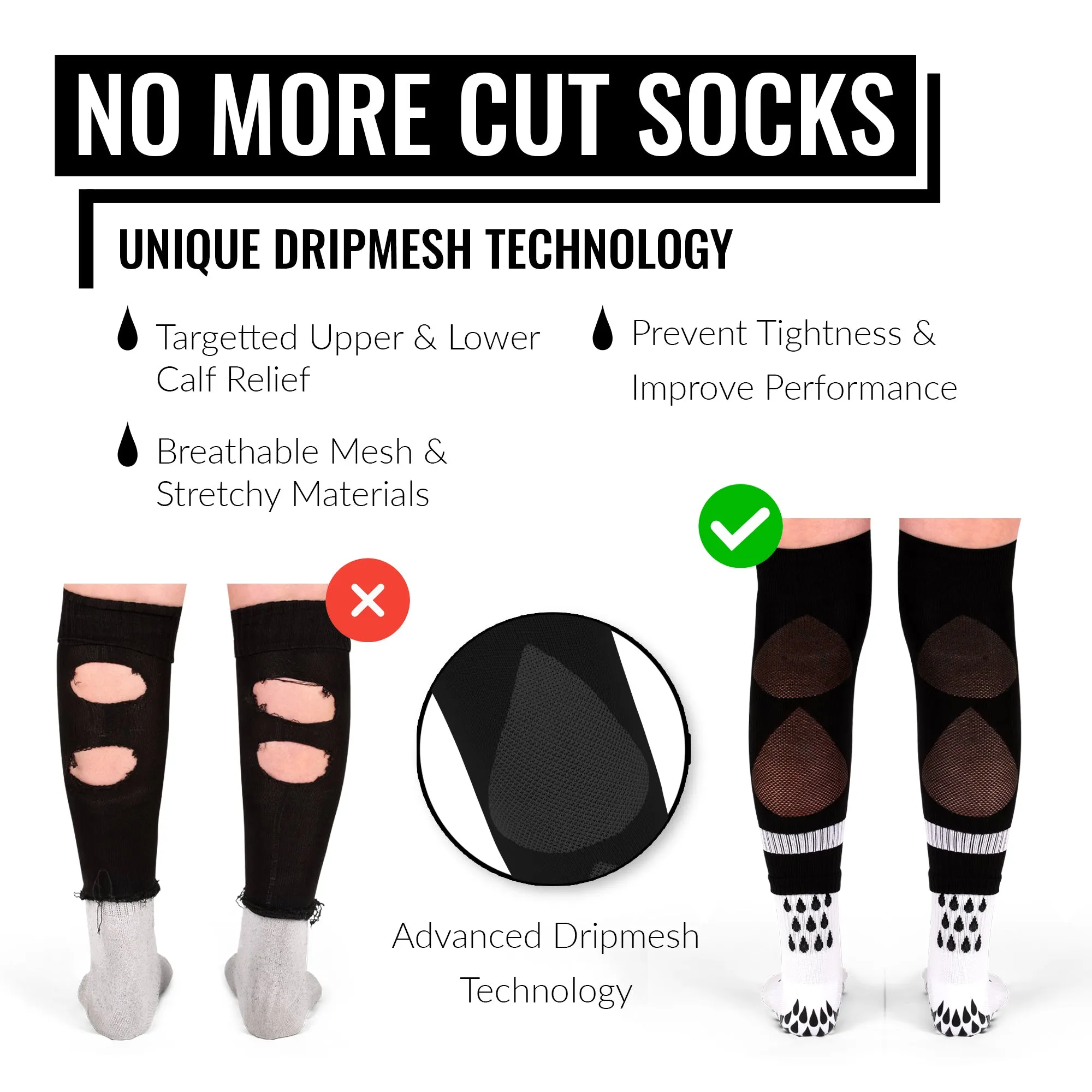 DRIPsox® Sock Sleeves | To go with Grip Socks | Calf Comfort DripMesh Technology | 3 Sizes for Kids, Juniors, Women & Men (S:13C-3.5 | M:4-7.5 | L:8 )