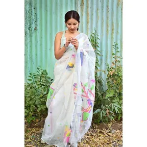 Flattering  White Colored  Festive Wear Printed  Pure Linen Saree