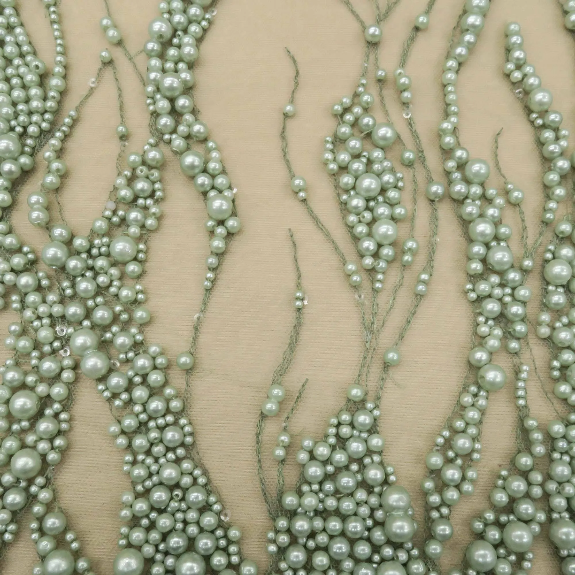 Green Pearl Design Embroidered Tulle Fabric
