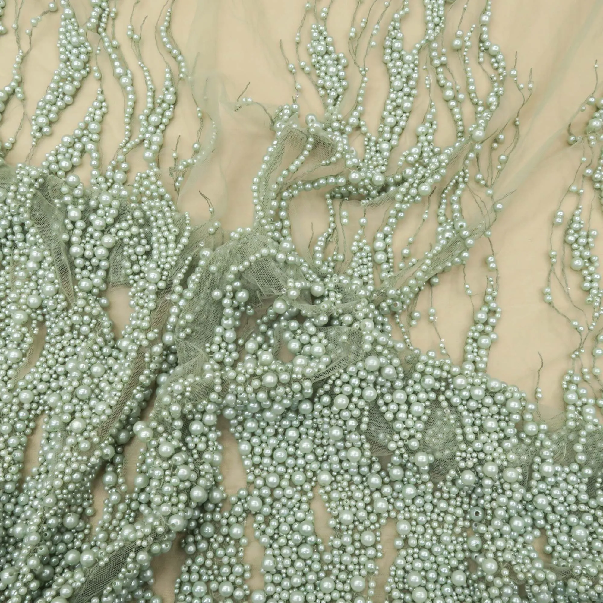 Green Pearl Design Embroidered Tulle Fabric
