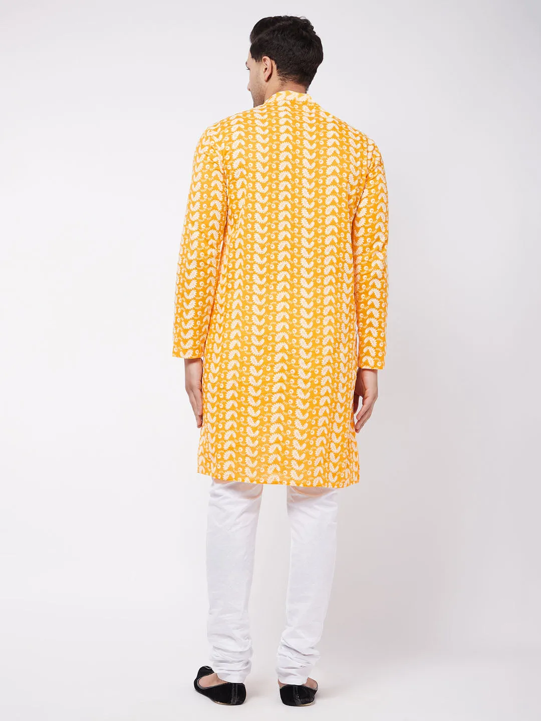 Jashvi Men's Orange Pure Cotton Chikankari Kurta Pyjama Set