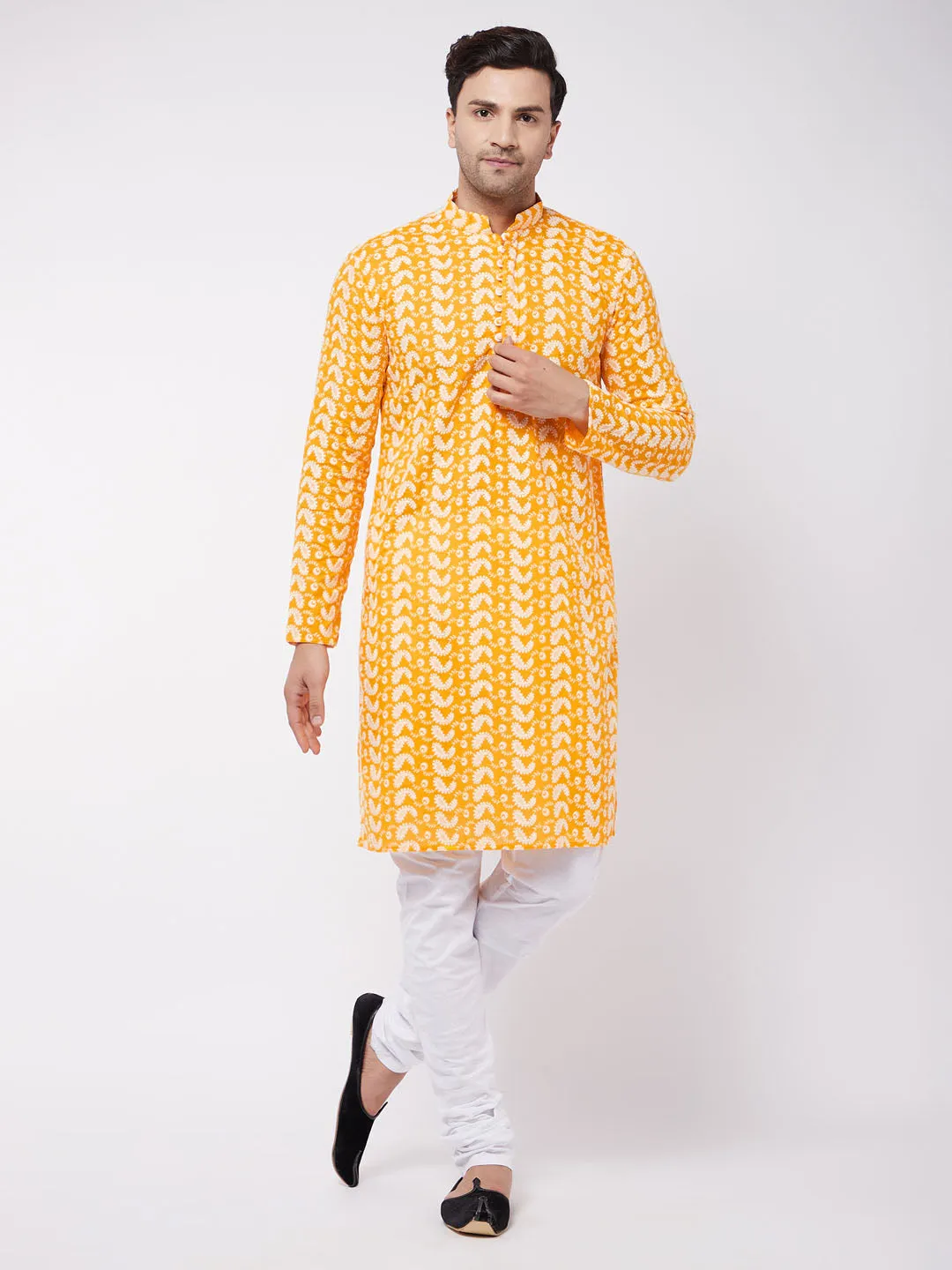 Jashvi Men's Orange Pure Cotton Chikankari Kurta Pyjama Set