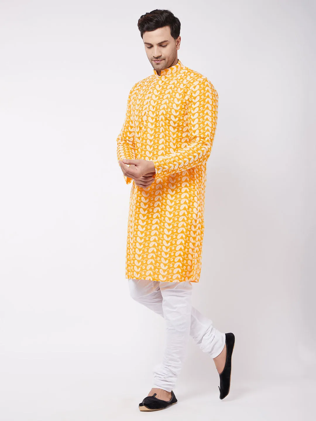 Jashvi Men's Orange Pure Cotton Chikankari Kurta Pyjama Set