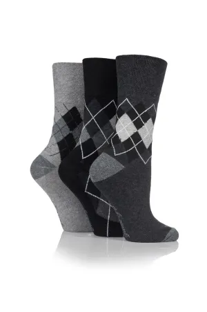 Ladies Monochrome Argyle Socks - 3 Pair Pack