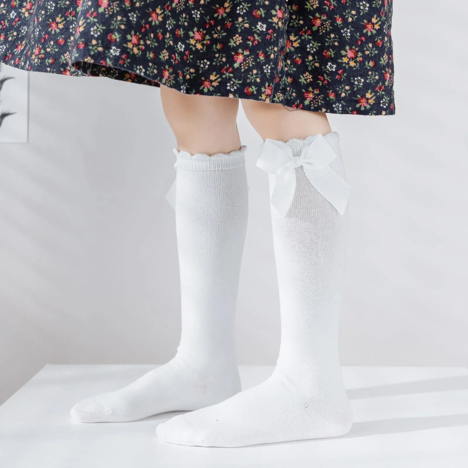 Mini angel Baby Knee High Socks Toddler Long Socks Girls Bow Ruffled Knee Socks Cotton Tube Stockings Infant Dress Socks, 12-24 Months (White, 2 Pairs)