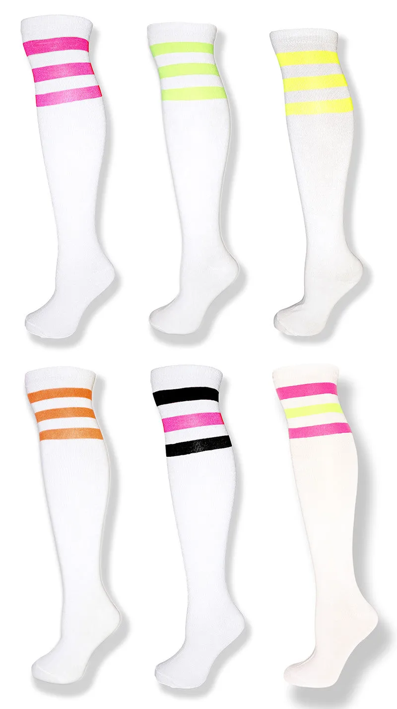 Neon 6 Pack -White Knee High Tube Socks w/ Neon Stripes