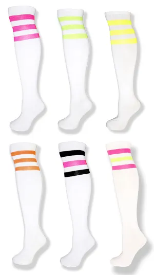 Neon 6 Pack -White Knee High Tube Socks w/ Neon Stripes