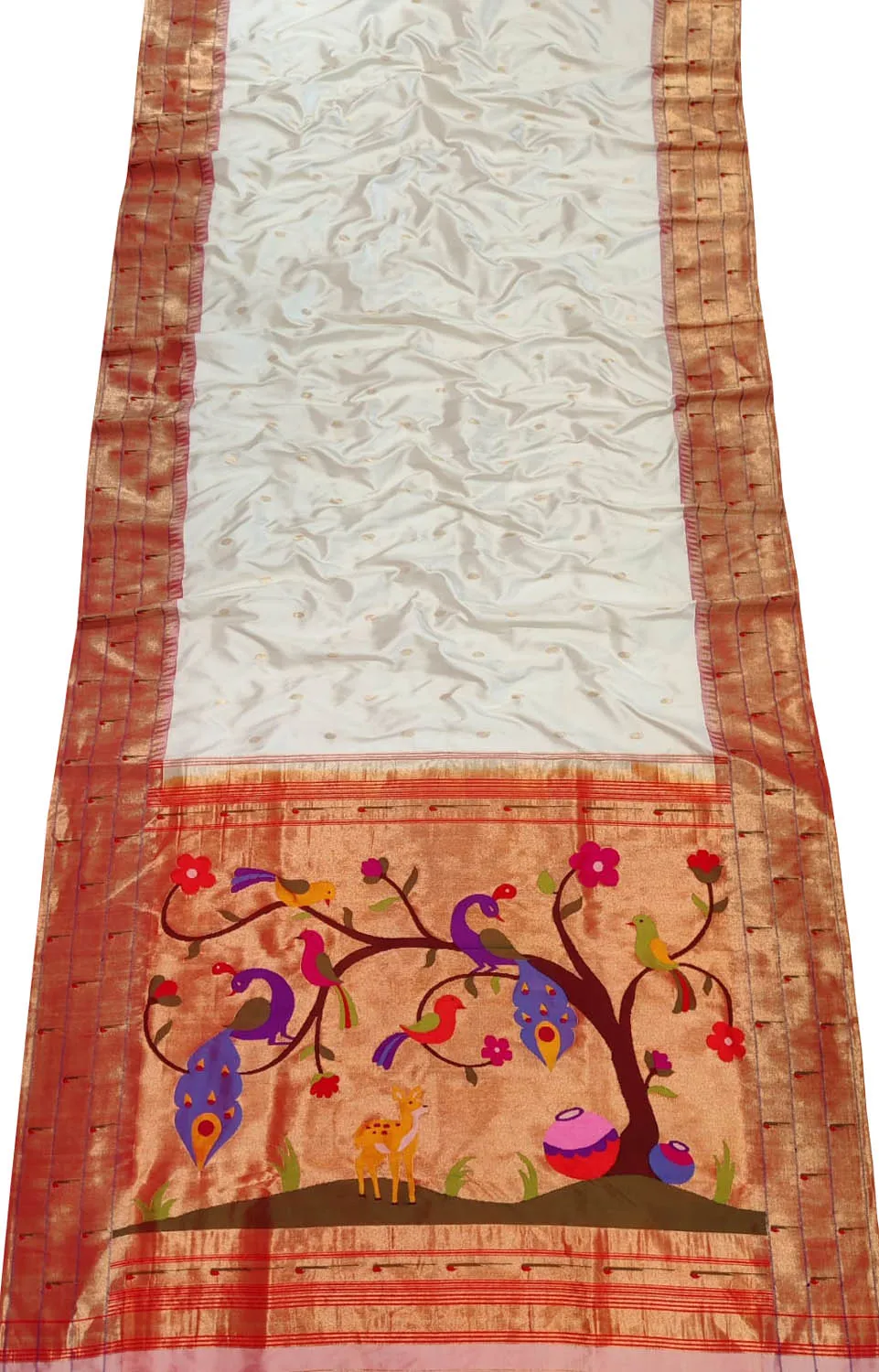 Off White Handloom Paithani Pure Silk Muniya Border Figure Work Saree