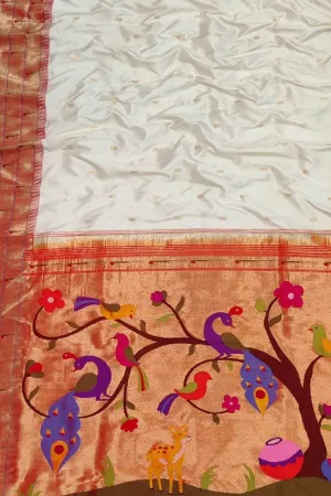 Off White Handloom Paithani Pure Silk Muniya Border Figure Work Saree