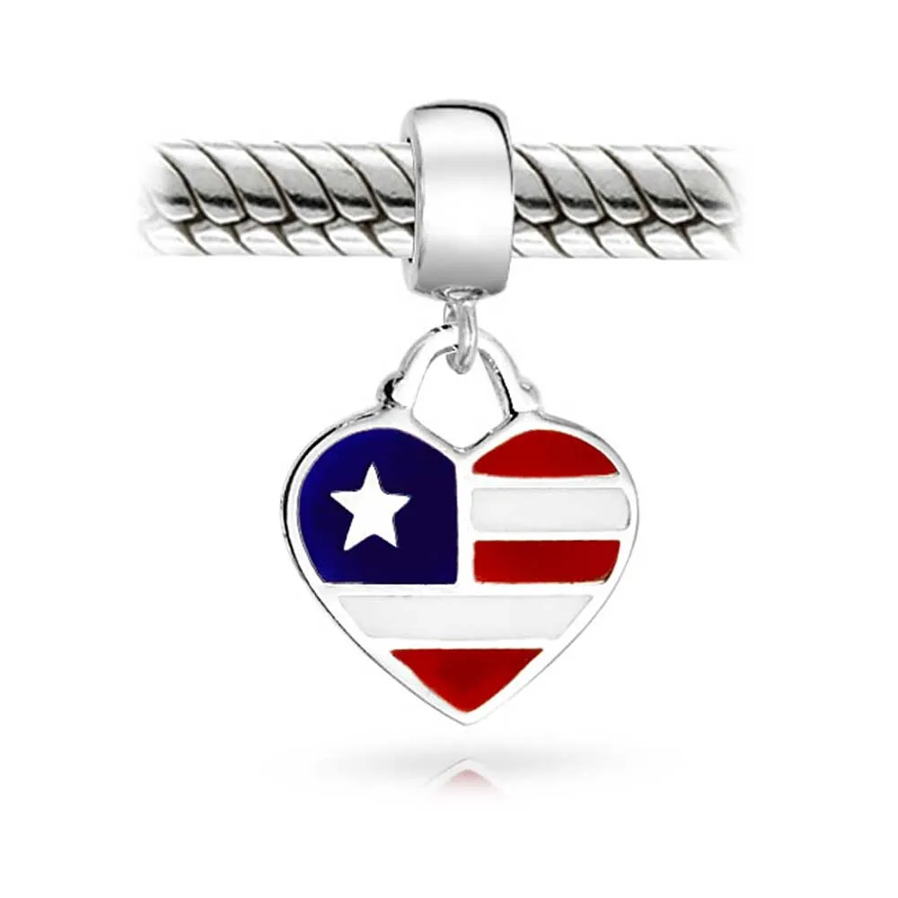 Patriotic Flag Heart Dangle Charm Bead Sterling Silver for European Bracelet