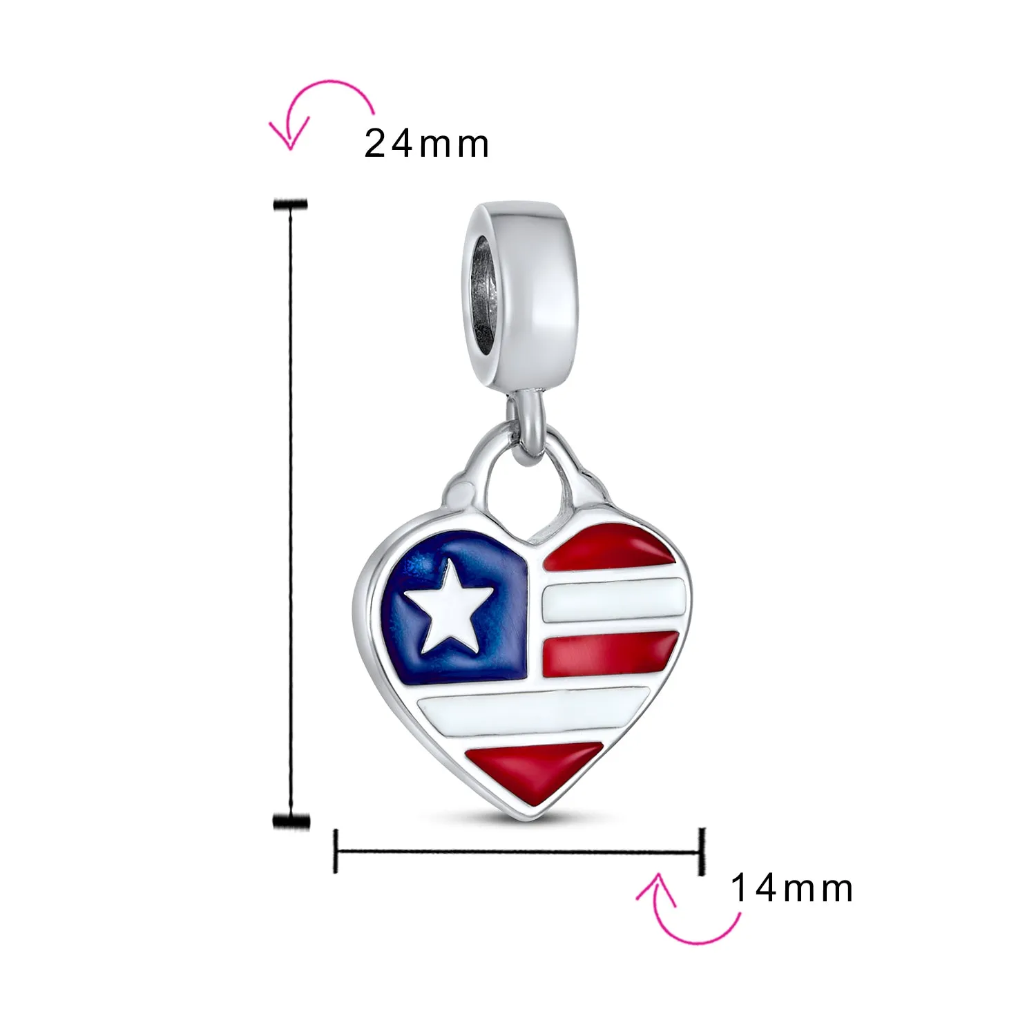 Patriotic Flag Heart Dangle Charm Bead Sterling Silver for European Bracelet