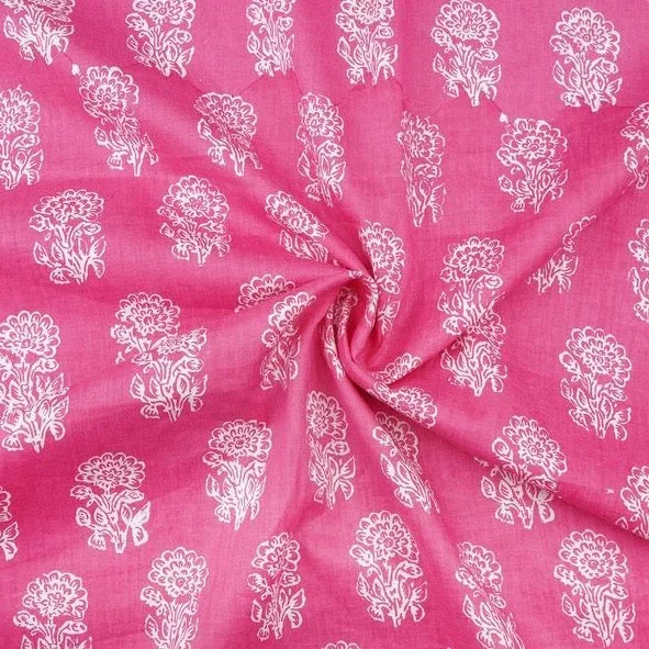 Pink & White Floral Printed Pure Cotton Fabric
