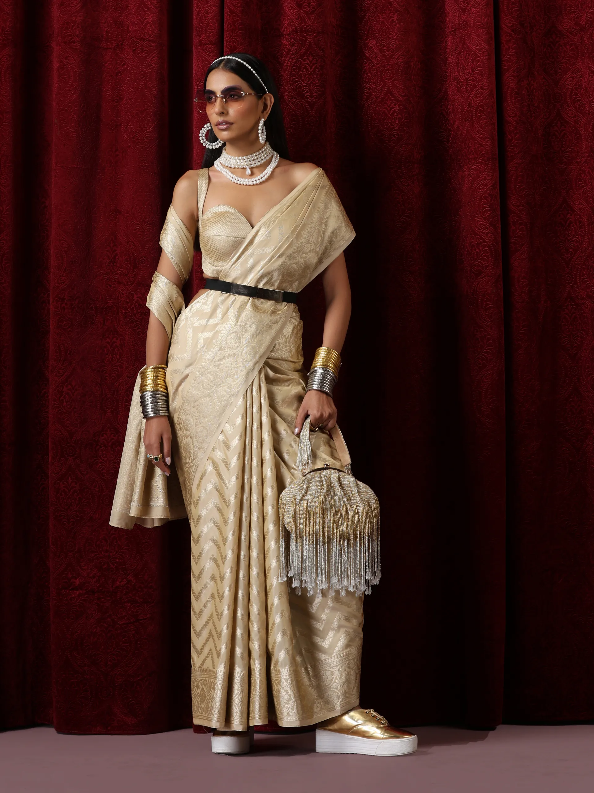 Pure Silk Cream Chevron Saree with Blouse Fabric