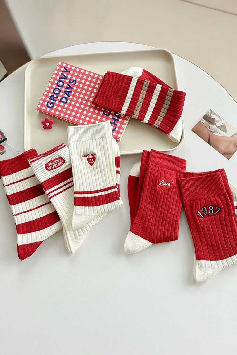 Racing Red Love Print Crew Socks