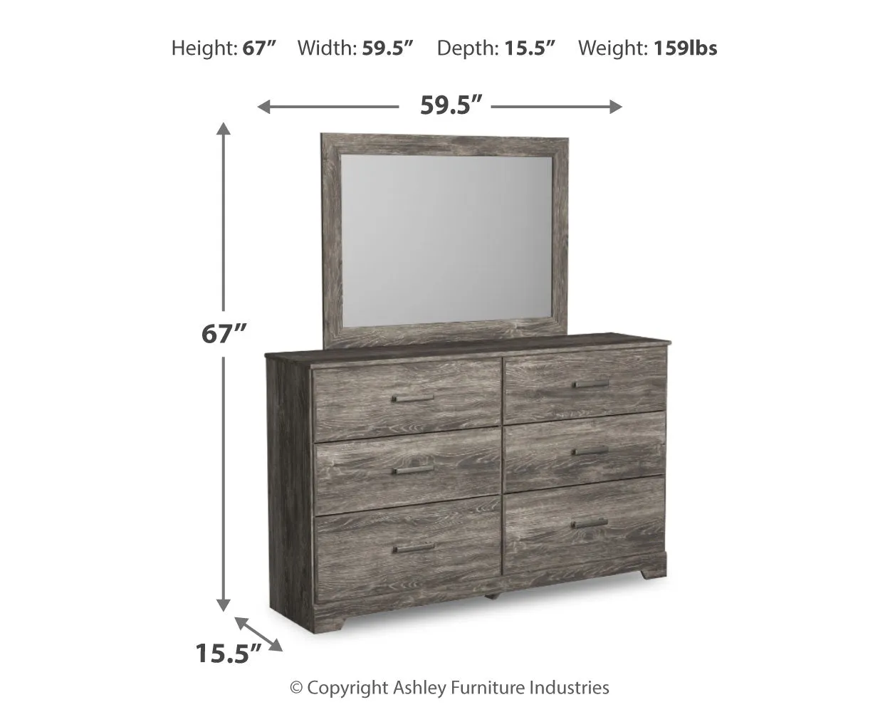 Ralinksi Twin Panel Bed with Mirrored Dresser, Chest and Nightstand in Gray