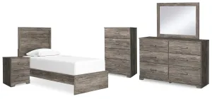 Ralinksi Twin Panel Bed with Mirrored Dresser, Chest and Nightstand in Gray