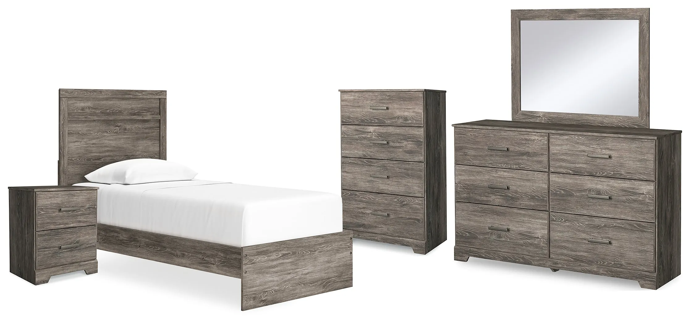 Ralinksi Twin Panel Bed with Mirrored Dresser, Chest and Nightstand in Gray