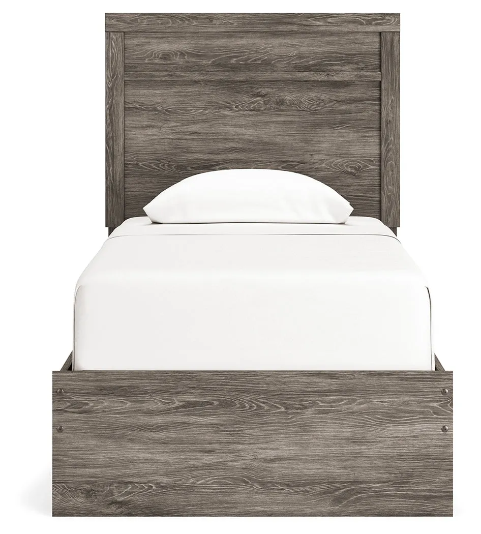 Ralinksi Twin Panel Bed with Mirrored Dresser, Chest and Nightstand in Gray