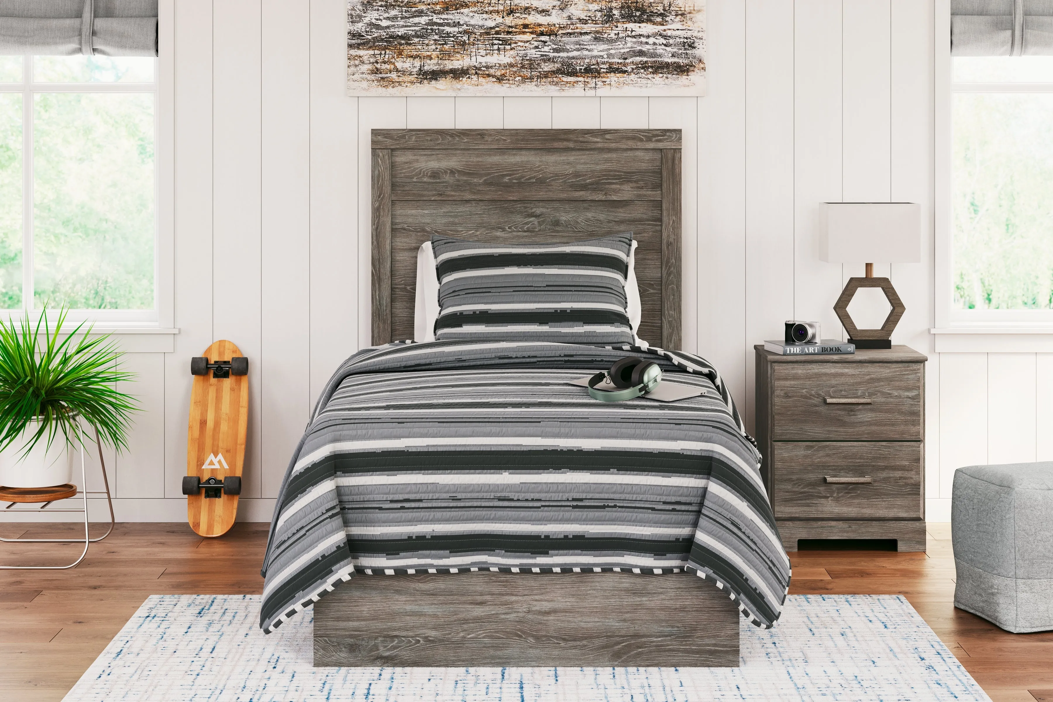Ralinksi Twin Panel Bed with Mirrored Dresser, Chest and Nightstand in Gray