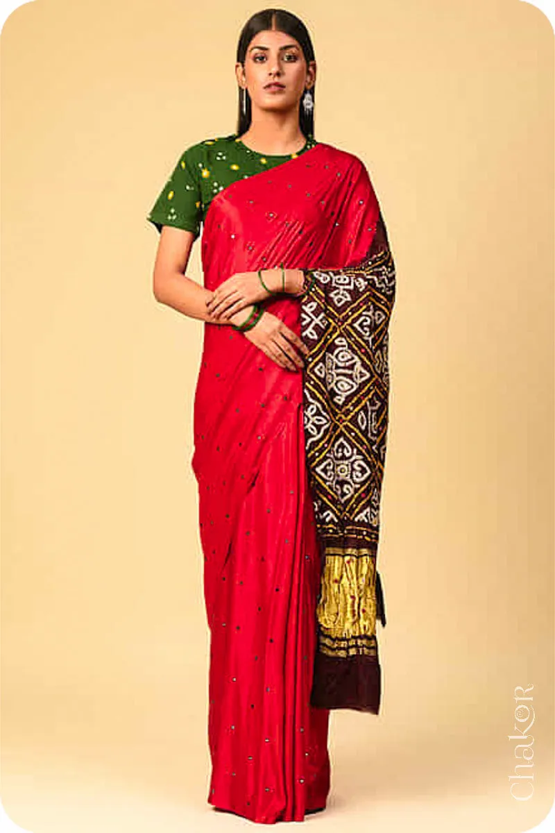Red Brown Bandhani Gaji Silk Saree