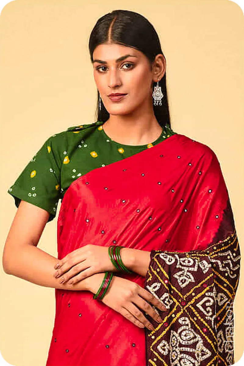 Red Brown Bandhani Gaji Silk Saree