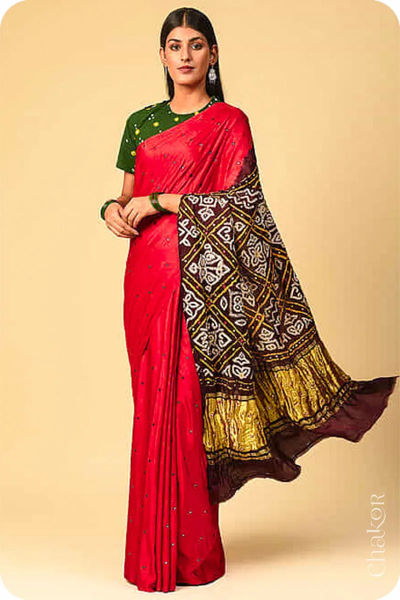 Red Brown Bandhani Gaji Silk Saree