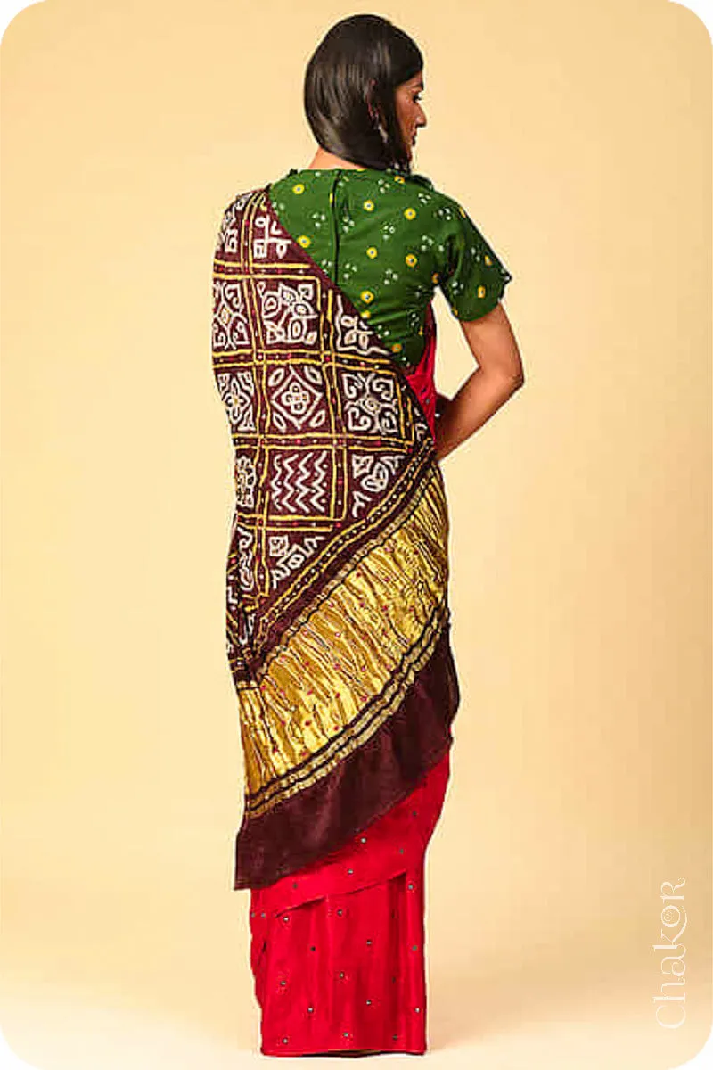 Red Brown Bandhani Gaji Silk Saree