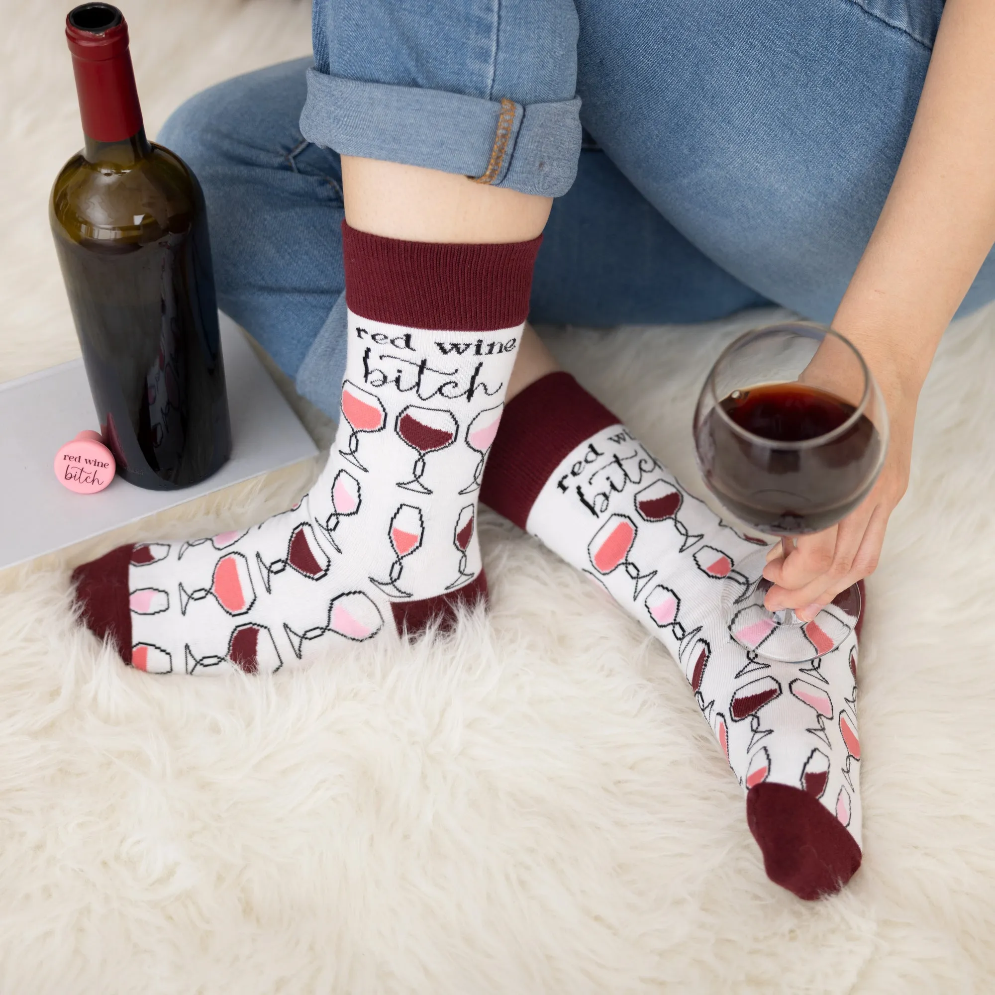 Red Wine Bitch Cotton Blend Socks with Silicone Bottle Stopper