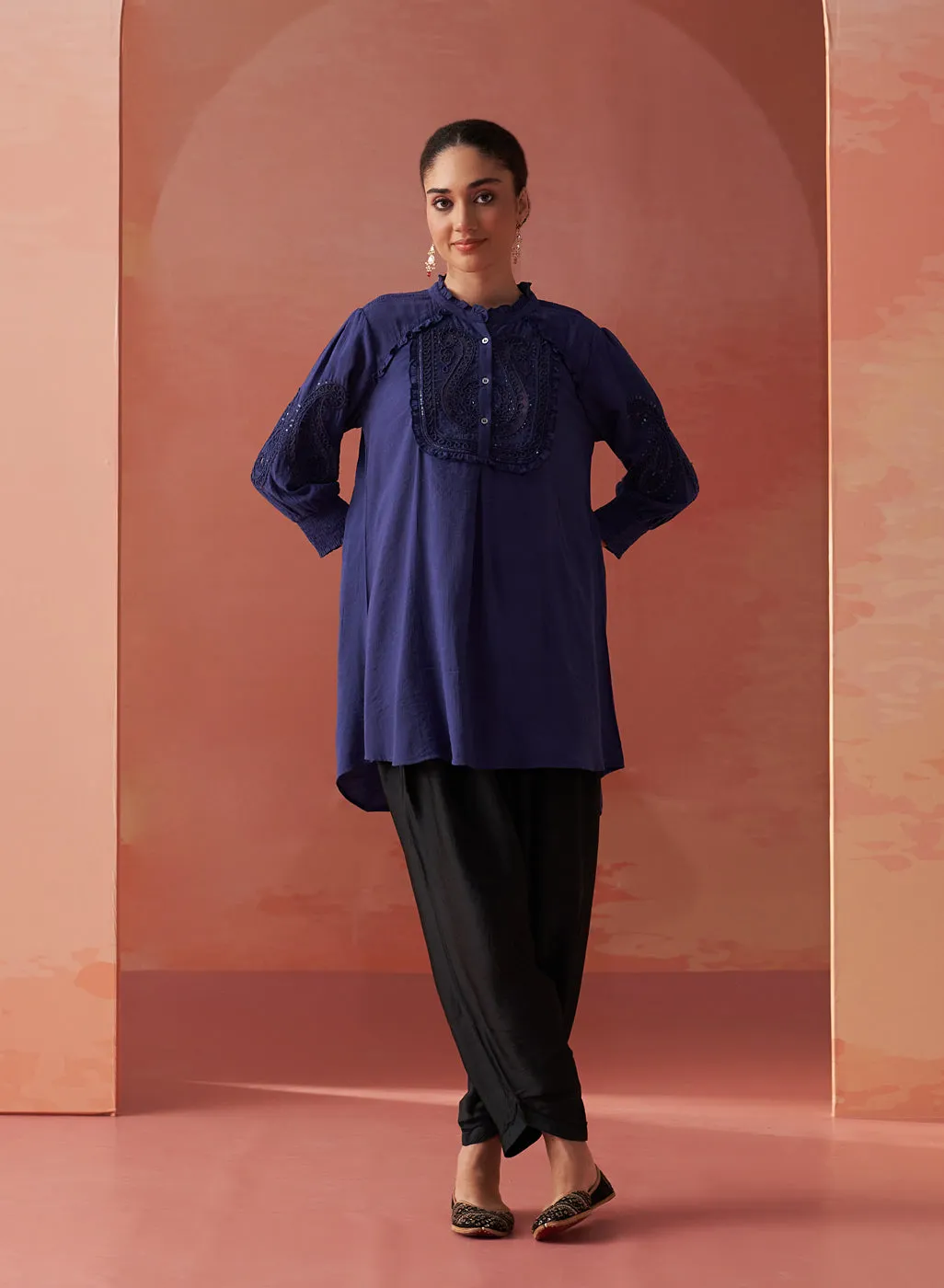 Saba Indigo Cotton Linen Embroidered Top for Women