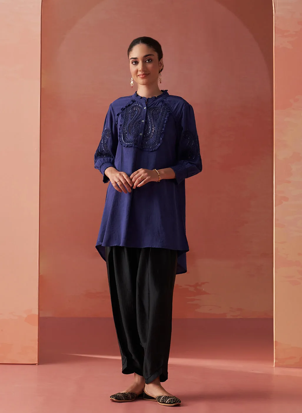 Saba Indigo Cotton Linen Embroidered Top for Women