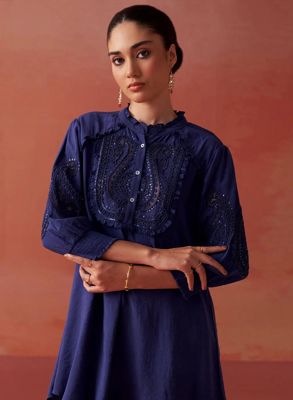 Saba Indigo Cotton Linen Embroidered Top for Women