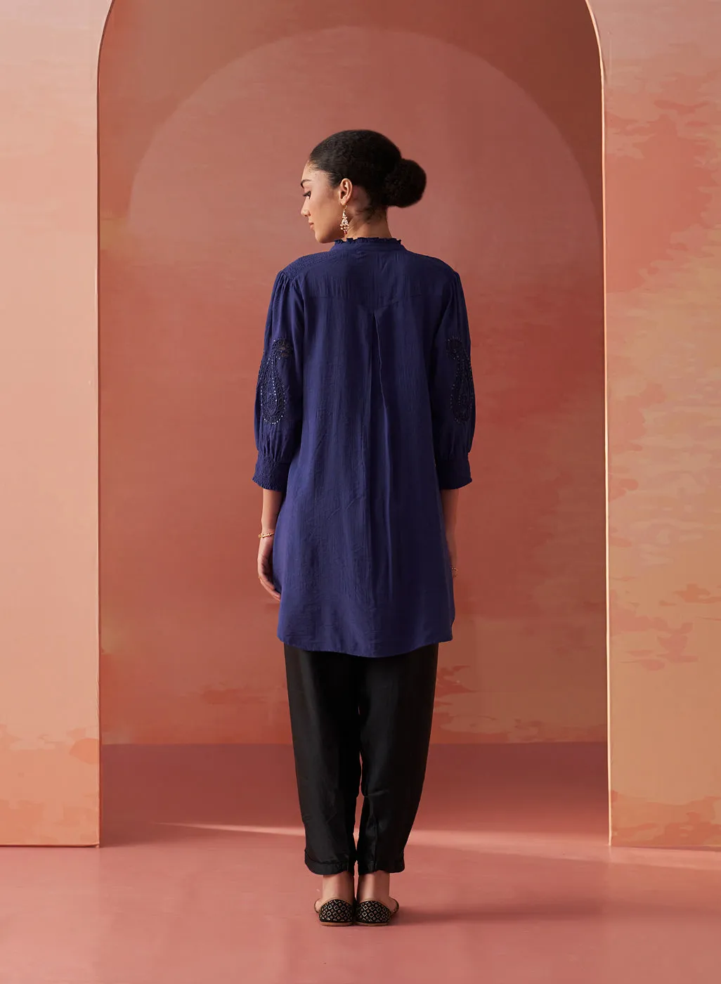 Saba Indigo Cotton Linen Embroidered Top for Women