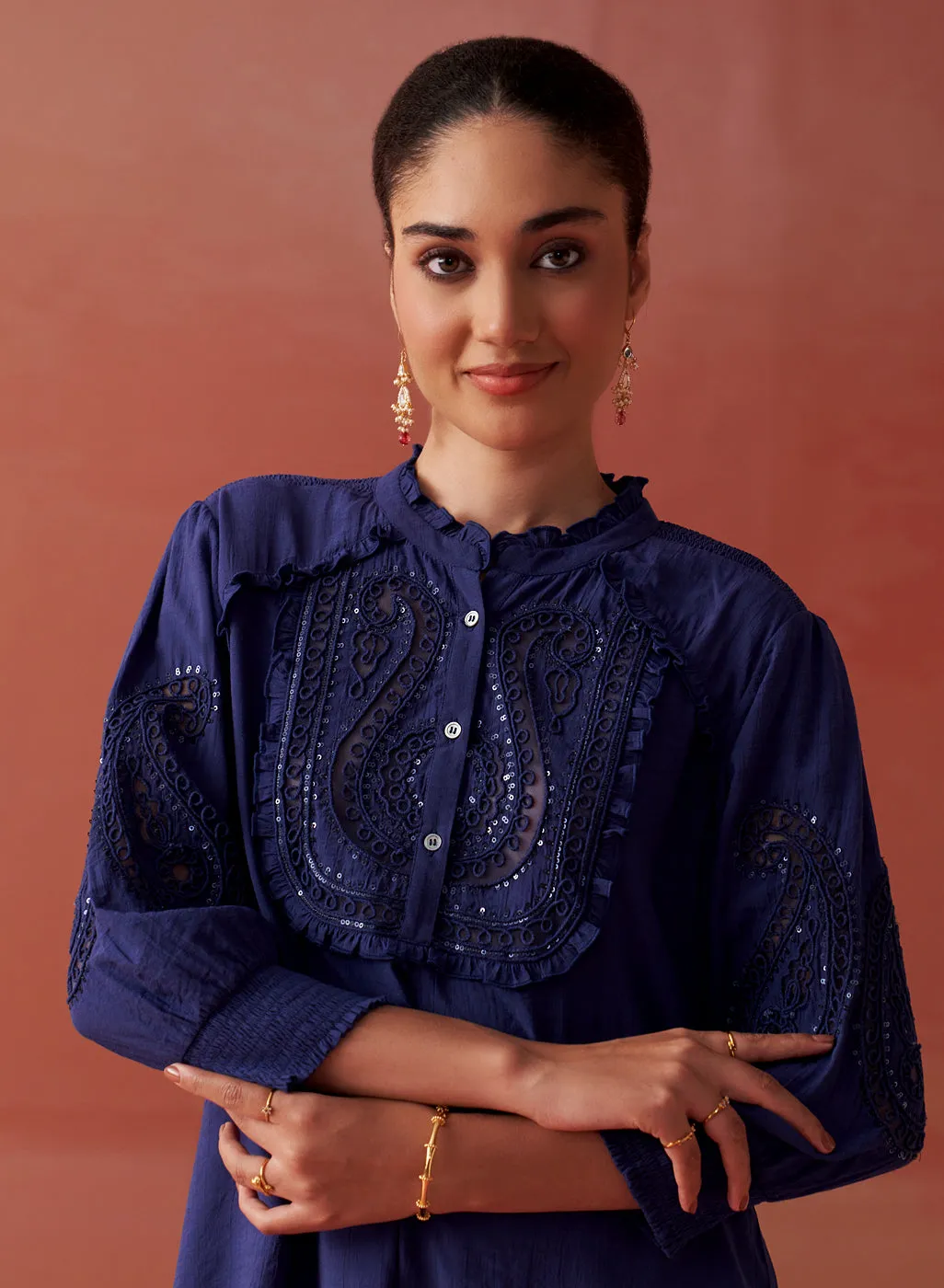Saba Indigo Cotton Linen Embroidered Top for Women