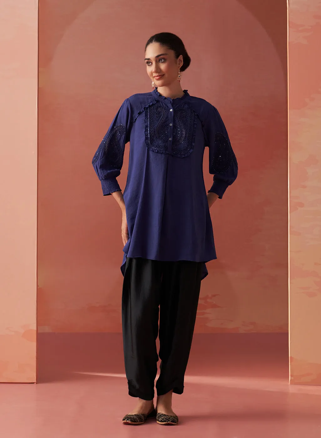 Saba Indigo Cotton Linen Embroidered Top for Women