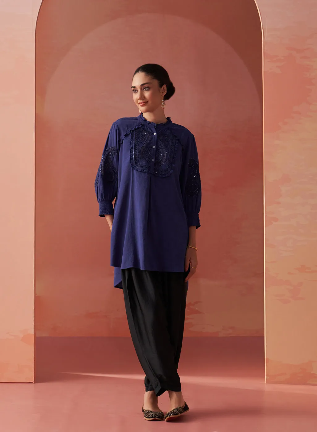 Saba Indigo Cotton Linen Embroidered Top for Women